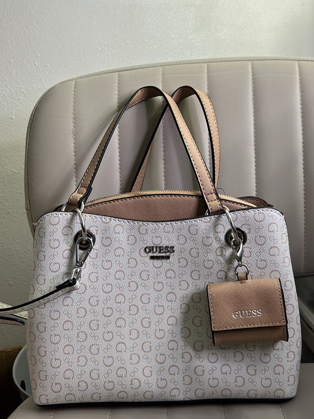 Guess Beige and Light Brown Logo Tote Bag